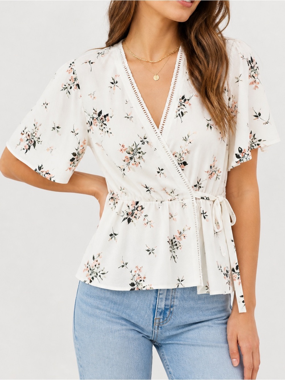 Sienna Sky White Floral Wrap Blouse Tie Waist Peplum Top Medium